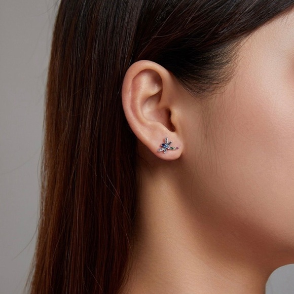 925 Sterling Silver Colorful Multiple Zircon Dragonfly Stud Earrings. - Picture 6 of 8